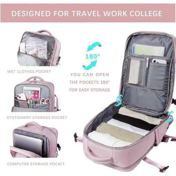 SHRRADOO Travel Laptop Backpack 17 Inch Airline Approved Work Hiking Bag Pink - Picture 5 of 8